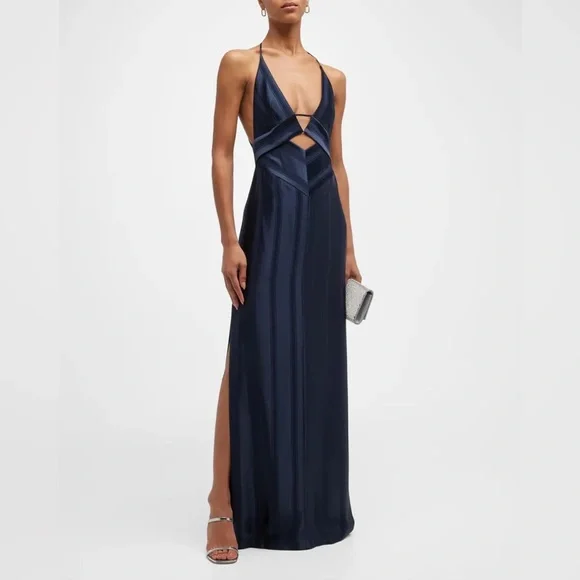 GALVAN London Prism Pinstripe Cutout Thigh-Slit Maxi Dress - Picture 1 of 14